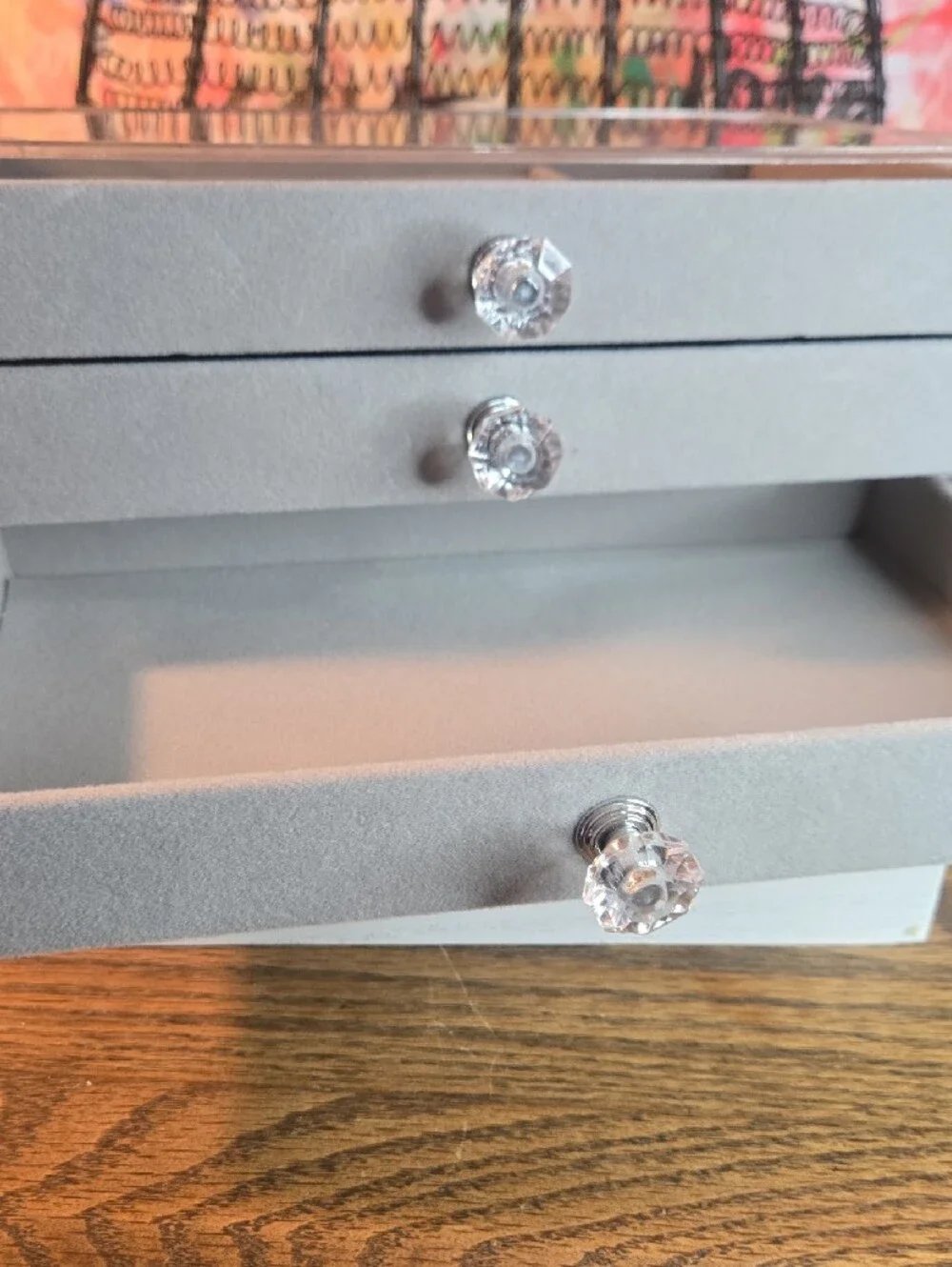 Velvet Jewelry Drawer Organizer in Light Gray with Crystal Pulls
